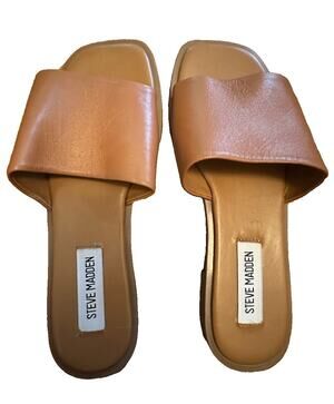 Steve Madden Lunah Tan Leather Slide Sandals Square Toe Flat Slides Women's 6.5